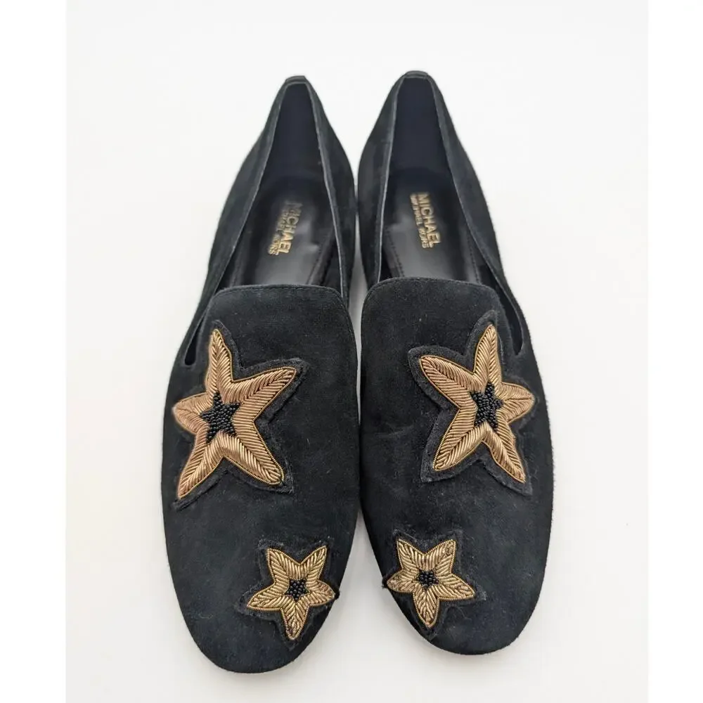 Michael Kors Natasha Suede Gold Star Loafers Women's Black Size US6.5M EU36.5